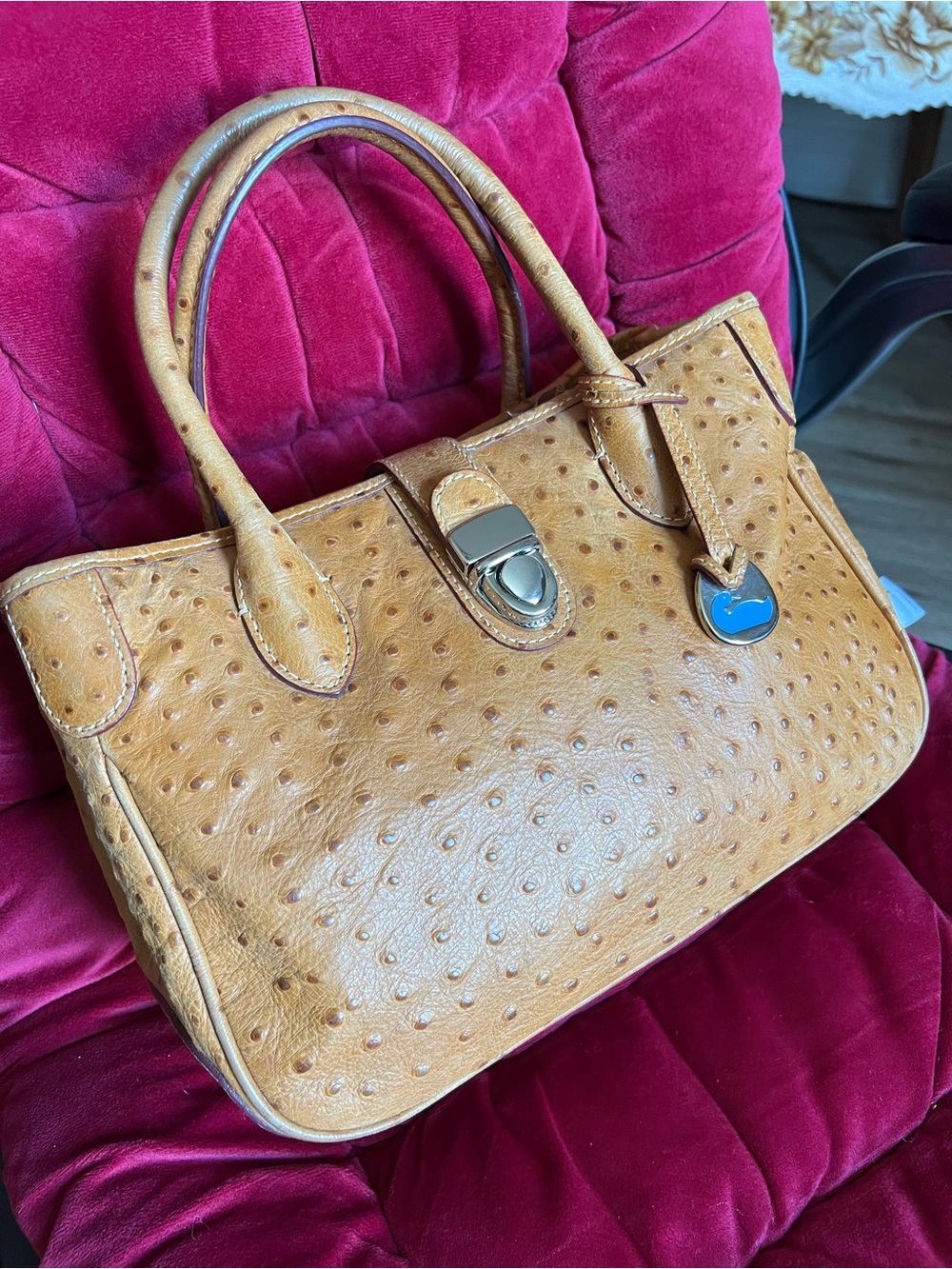 Dooney & Bourke Ostrich Embossed Leather Satchel Tote Bag - Cognac Tan